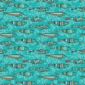 Seamless pattern with cute doodle sardines in the water